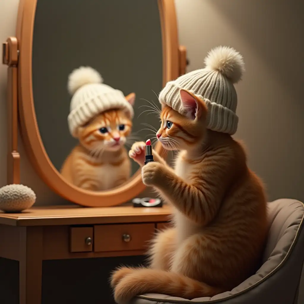 ginger nice real kitten in knitted hat sits in a chair before a mirror and puts on lipstick