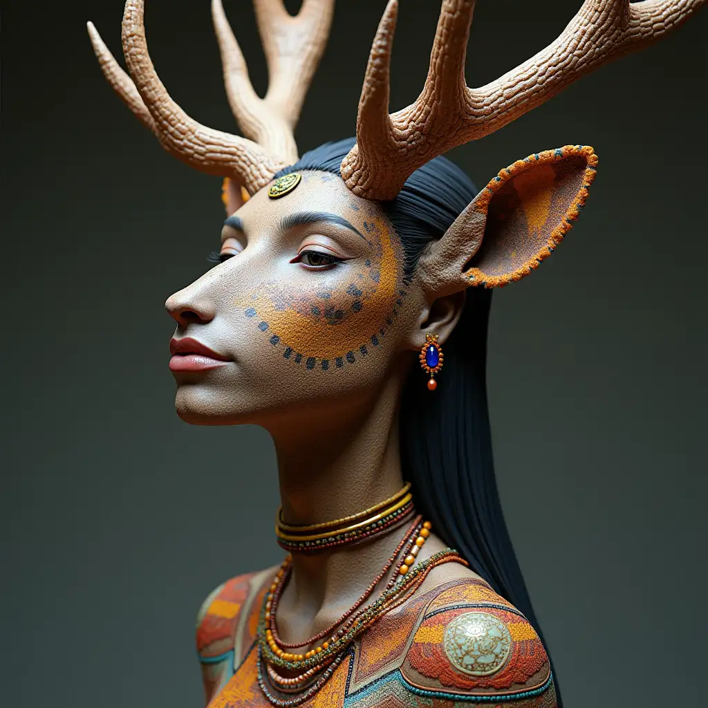 HyperRealistic-3D-Sculpture-Bust-of-an-Indigenous-Fantasy-Deer-Woman-with-Antlers-and-Beaded-Jewelry