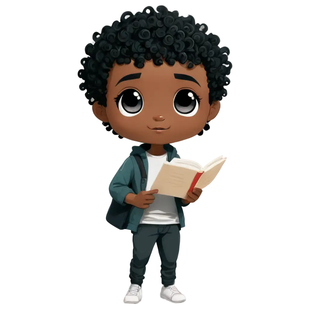 Cute-Chibi-Style-Boy-withPNG-Image-Usage-Analysis-Curly-Black-Hair-and-Open-Book-PNG-Image-for-Creative-Projects