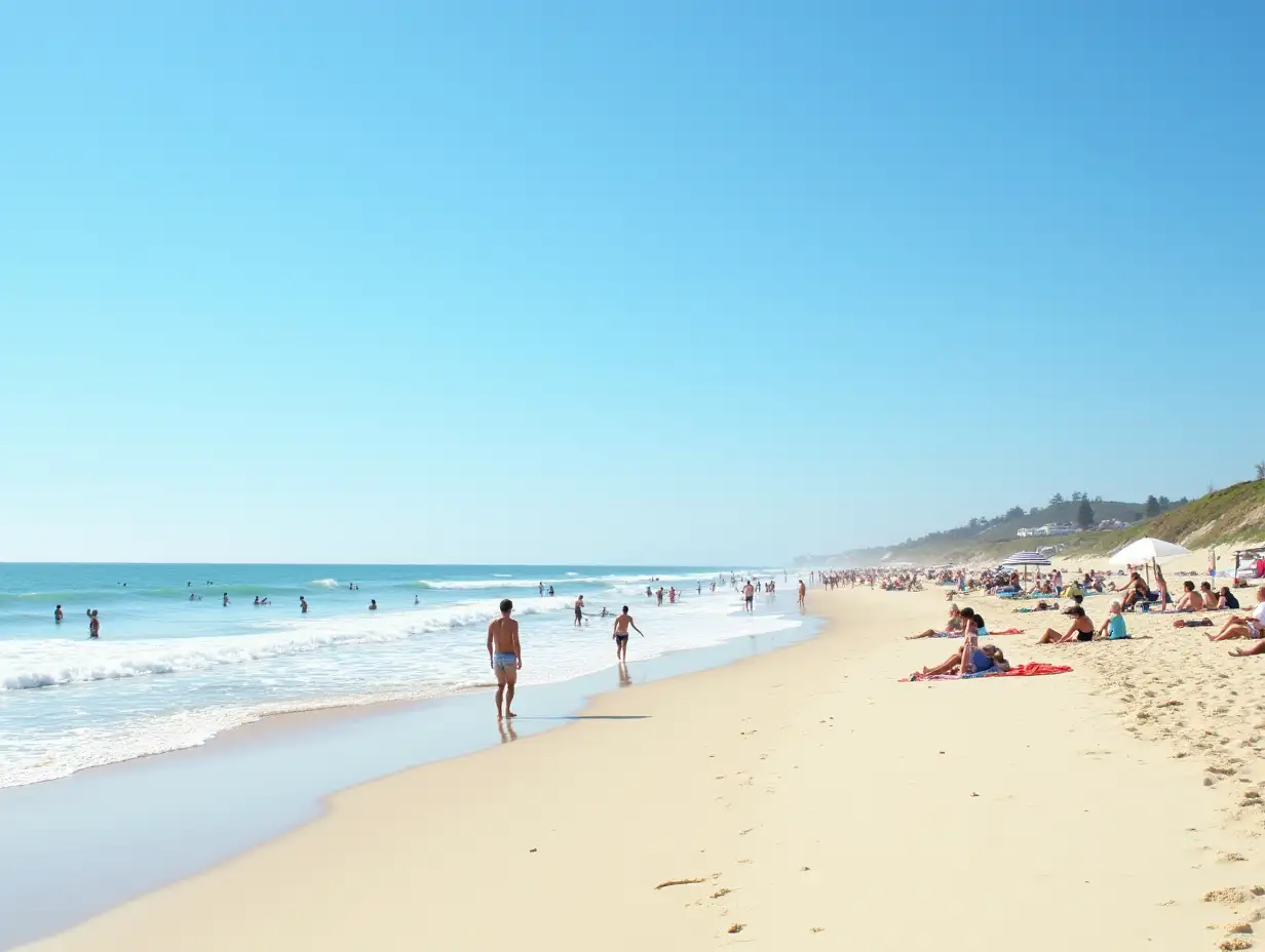 Bustling-Sandy-Beach-with-Vibrant-Activity-Under-a-Cloudless-Sky