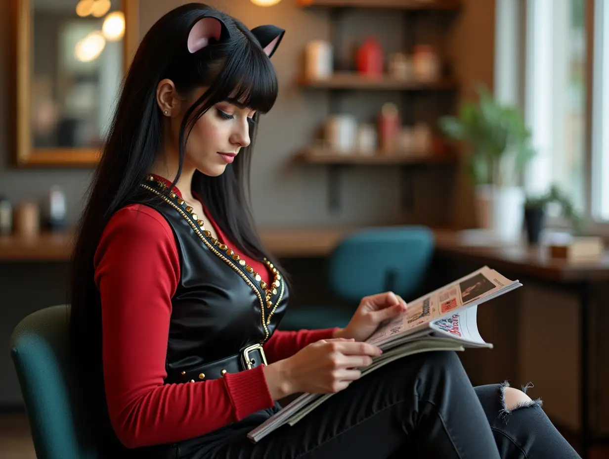 Full-body professional photo of a beautiful attractive fit curvy female hair dresser in her salon. (She's in profile, not looking in the camera.) She has an oval face with a well-defined jawline, thin high-angled soft-rounded eyebrows, almond-shaped eyeliner-framed chestnut eyes, a straight nose with mouse whiskers, full bow-shaped lips, mouse ears and, fused to her coccyx, tail. She has a fringe and long, straight, blueish black hair. She dons a black satin vest with golden frills, a v-necked scarlet jersey, a sturdy studded belt, black tapered ripped acid-washed jeans, and pastel-green Sk8-Hi vans. She's on a break and sits in the waiting room, reading a fashion magazine.