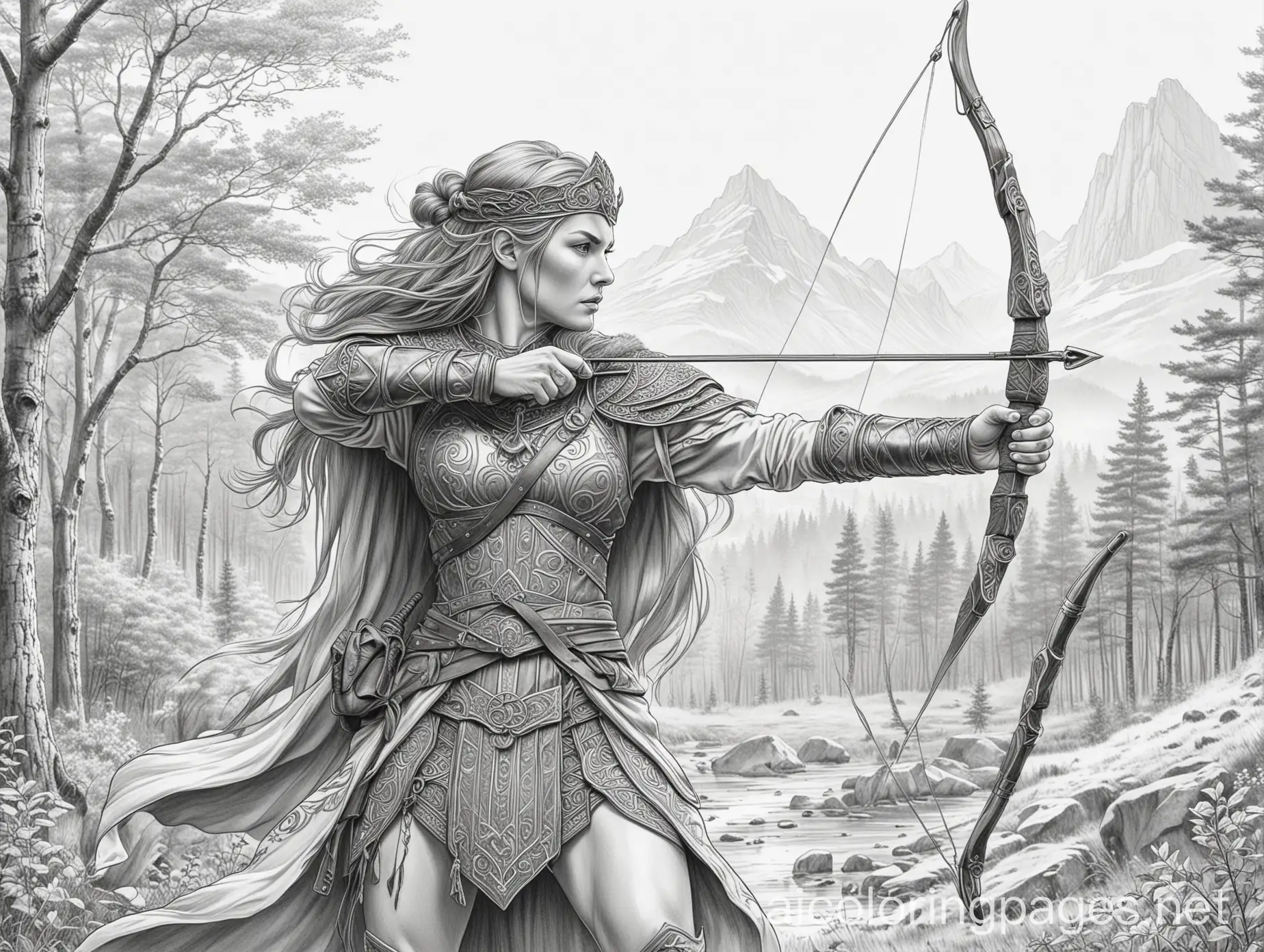 Norse-Female-Warrior-Aiming-with-a-Longbow-in-Nature