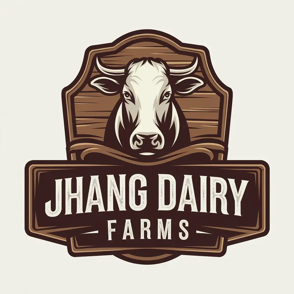 LOGO Design for Jhang Dairy Farms Wooden Emblem with Cow Head Symbol and Clean Background