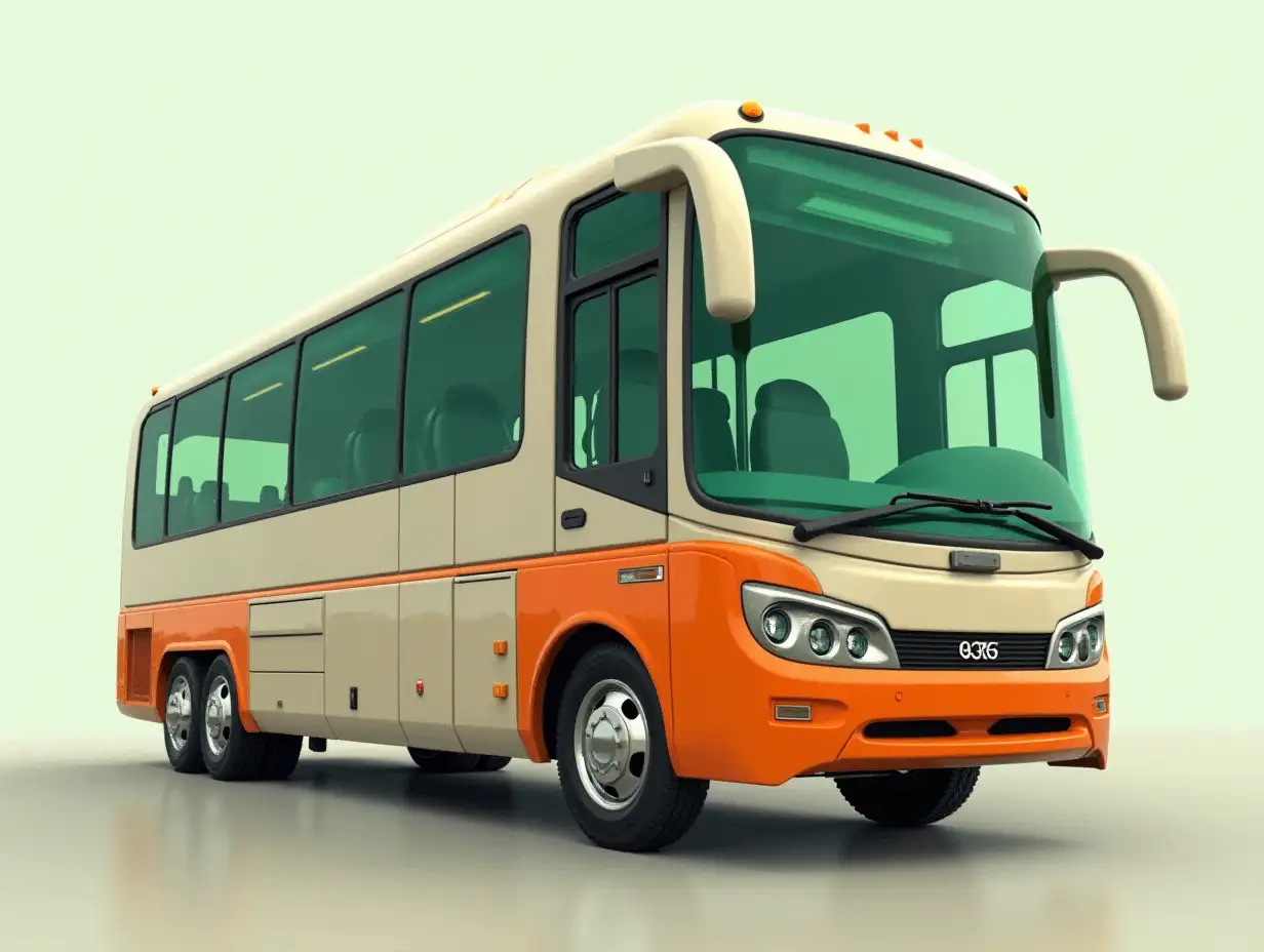 Supermodern bus with winglets, lowered, aluminum wheels, cream, orange green colors, Cyberpunk