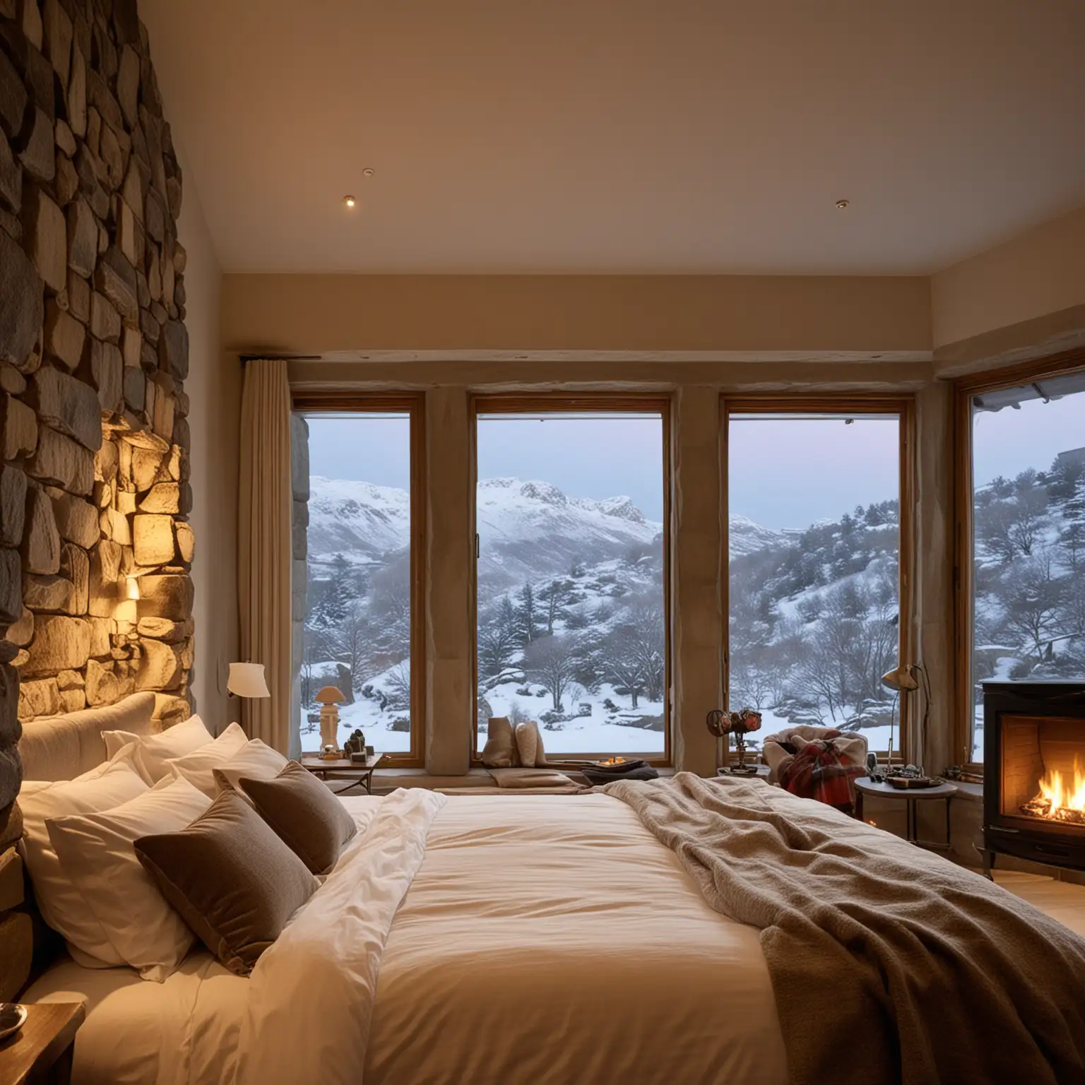 At dusk, the cosy and warm bedroom features a large stone fireplace with a roaring fire. The wide windows show the snow-capped landscape outside. Illuminated by the soft light of a nearby lamp.