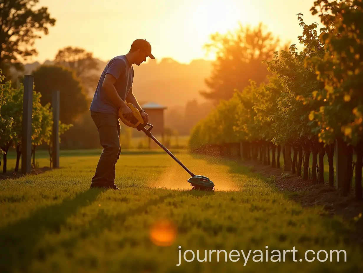 Silhouette-of-Man-Using-Electric-Trimmer-to-Mow-Vineyard-with-Sunrays-and-Lush-Greenery