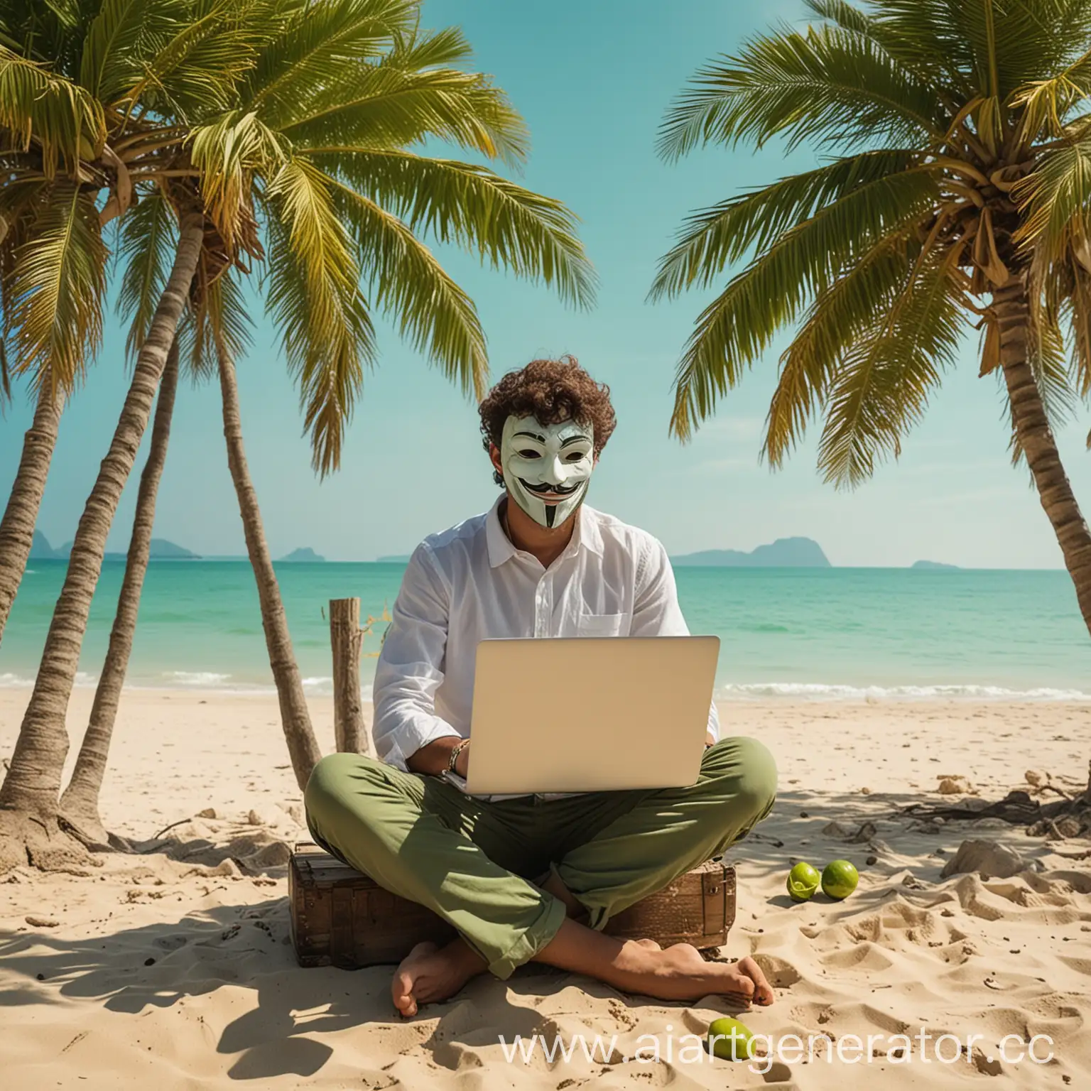 a man in an Anonymous mask sitting on a tropical beach on a green background, working on a laptop from aplle, he has a lot of money on his desk, drinking mojitos. The main color is mohit