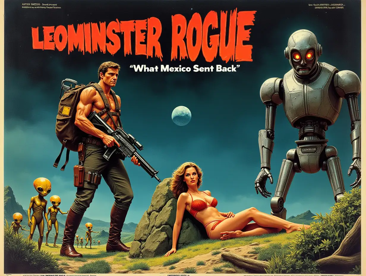 Create a vintage 1970s science fiction movie poster titled 'Leominster Rogue'. The design should mimic classic sci-fi aesthetics. Feature a stern-looking action hero carrying a futuristic weapon, a reclining space princess in an electronic bikini, a group of small, friendly looking aliens and a large demonic robot with glowing orange eyes. They are on a verdant planet, against a background of space with planets in the sky. Include the tagline 'What Mexico Sent Back. Display actor names