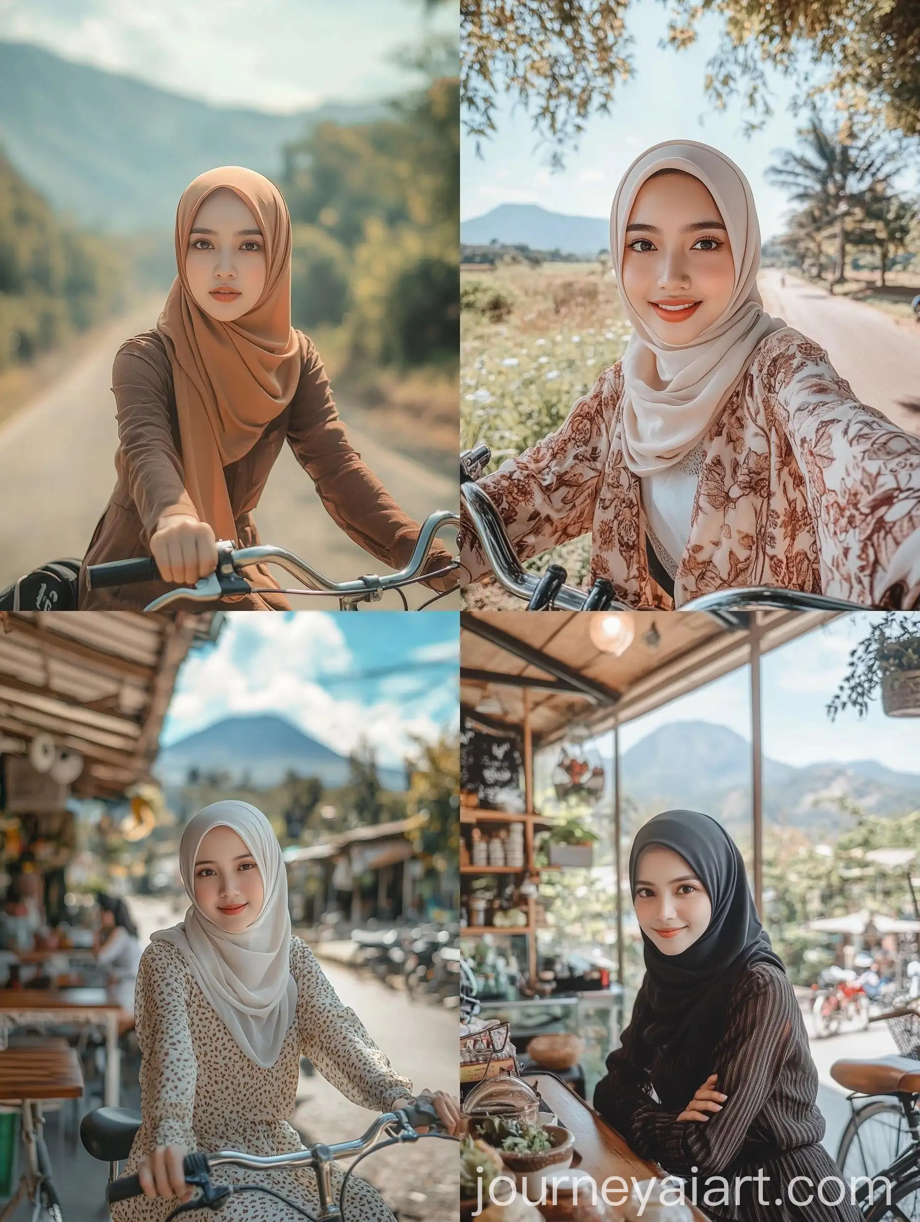 Indonesian-Woman-in-Hijab-Cycling-through-Beautiful-Countryside-with-Mount-Semeru-View