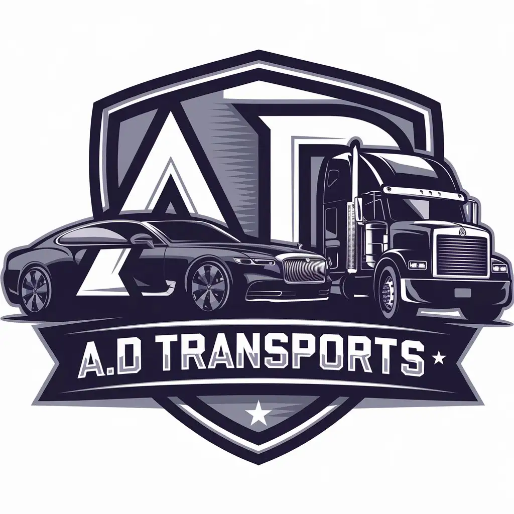 a vector logo design,with the text "A.D TRANSPORTS", main symbol:Initials AD behind luxury car and transportation truck,Moderate,be used in Automotive industry,clear background