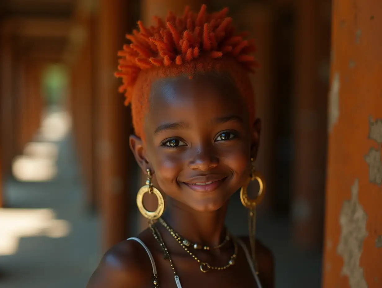 young black girl with alien face,with orange hair, with a slight smile on her face,highlighting her smile, modern retro jewelry,in a temple with rust and various shades of 4k