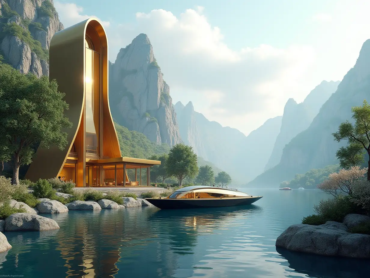 Create a high-resolution realistic image in 4k resolution a futuristic gold with black building with curved pillars, mountains large trees, rocks flowers a futuristic glass boat with glass window cloudy sky