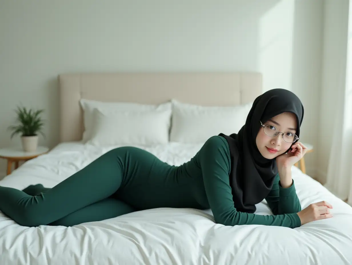 Serene-Portrait-of-a-Young-Woman-in-Black-Hijab-and-Bottle-Green-Swimsuit-on-a-White-Bed