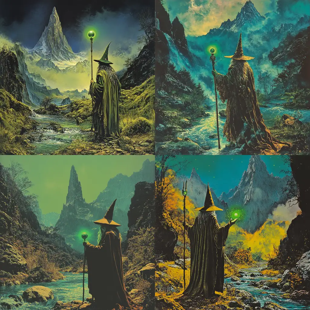 1970s-Dark-Fantasy-Wizard-by-a-Stream-with-Nahual-and-Green-Orb