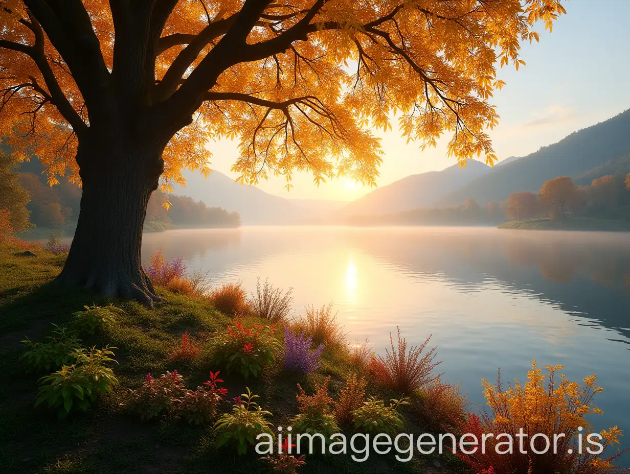 Serene-Autumn-Sunrise-Over-Lake-with-Mist-and-Vibrant-Foliage