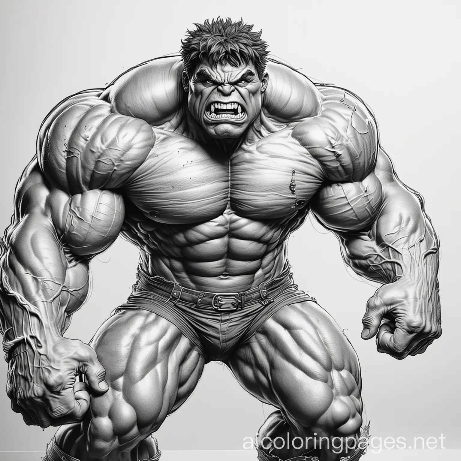 mad hulk, Coloring Page, black and white, line art, white background, Simplicity, Ample White Space. The background of the coloring page is plain white to make it easy for young children to color within the lines. The outlines of all the subjects are easy to distinguish, making it simple for kids to color without too much difficulty