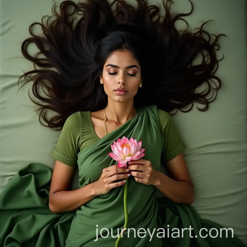 Indian-Woman-Sleeping-in-Green-Saree-with-Lotus
