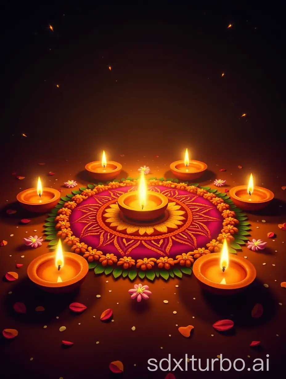 A vibrant celebration of Diwali festival featuring traditional clay diyas (oil lamps) arranged in a decorative mandala pattern, with warm golden flames illuminating colorful rangoli designs. Multiple earthen lamps casting a soft glow against a dark background, surrounded by marigold flowers and sparklers. Include intricate henna patterns, floating lotus flowers, and scattered rose petals to create a festive atmosphere. Digital art style with rich, warm colors and detailed lighting effects.