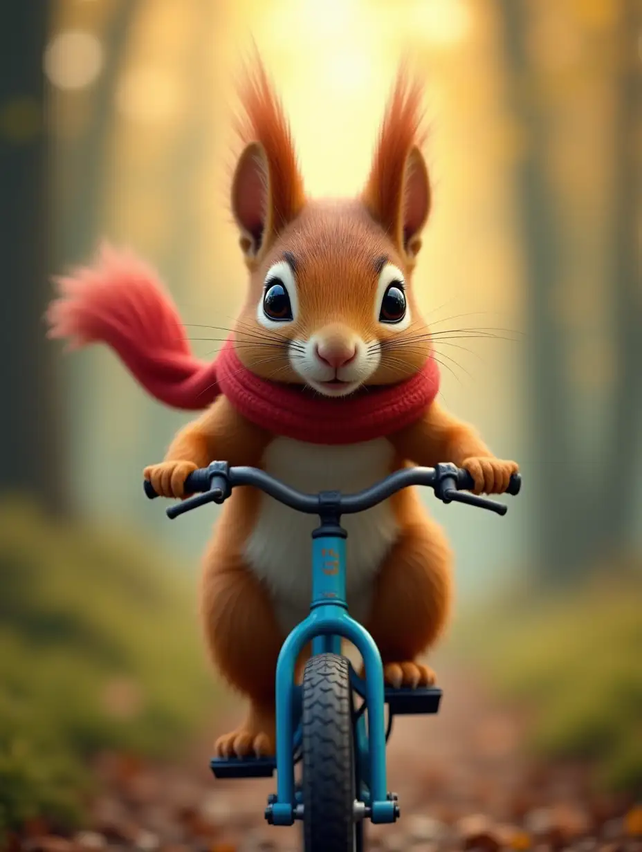 Squirrel-Riding-Blue-Bike-Through-LightFilled-Forest-with-Red-Scarf