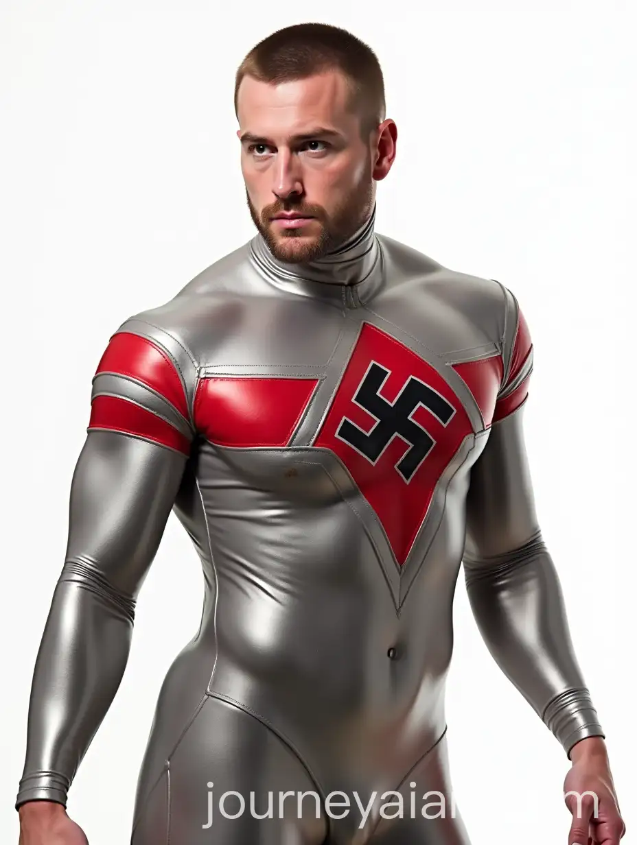 Man-in-Metallic-Compression-Bodysuit-with-Red-Stripes-and-Black-Symbol