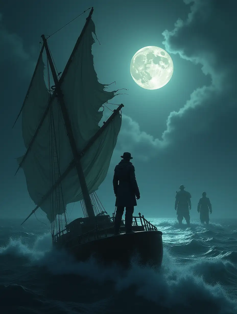 A solitary captain, standing defiantly on a sinking ship engulfed in a storm, with torn sails fluttering in the wind and the moon casting a haunting glow over the scene. In the distance, ghostly figures of the abandoned crew members linger, adding a sense of eerie nostalgia to the tragic scene.