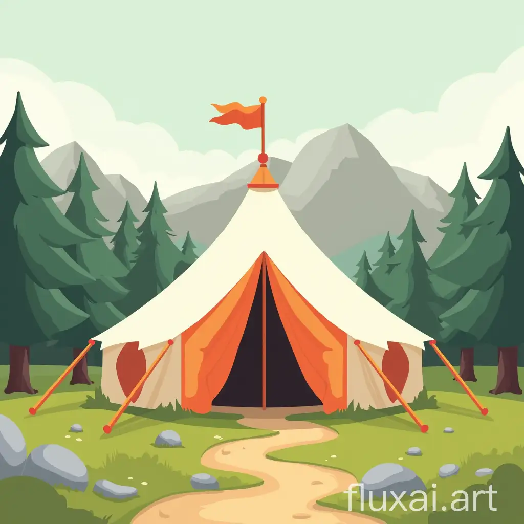 Cartoon-style (digital design) illustration of a marquee or tent in a nature setting, with bright colors, smooth lines and a retro comic look. The scenery in the background includes elements like trees, mountains, and travel icons and a path. Use beige, light green, orange, gray, white and black as a base. Use bright colored as an accent.