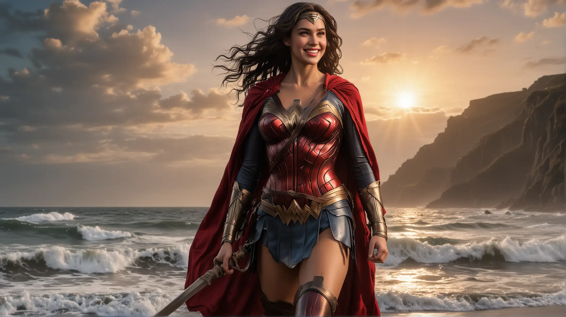 Confident Wonder Woman Standing on Beach with Sword and Shield