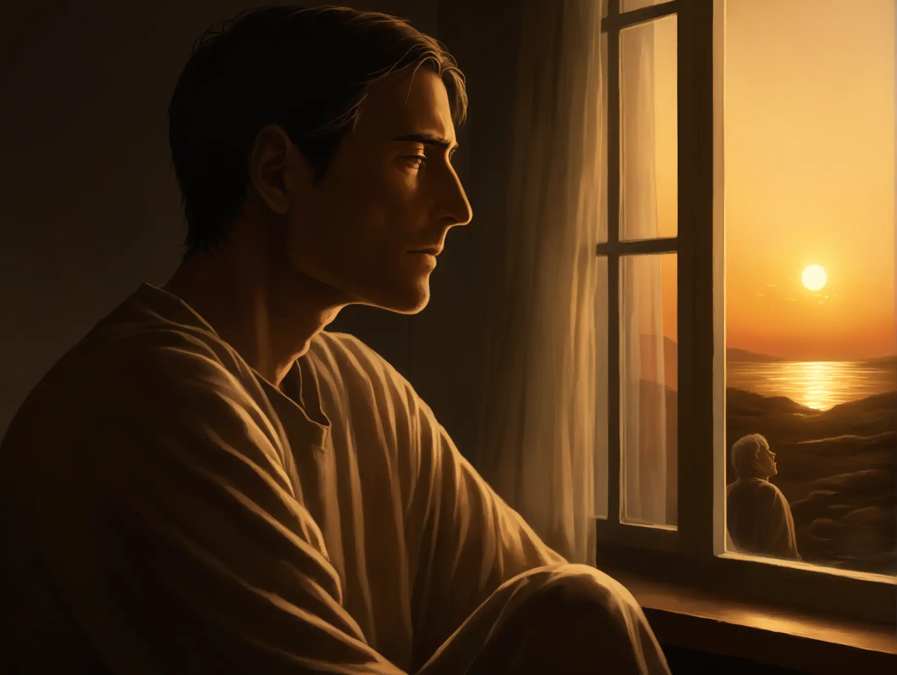 Man-Gazing-Out-the-Window-at-Twilight-with-Reflection-of-His-Mother