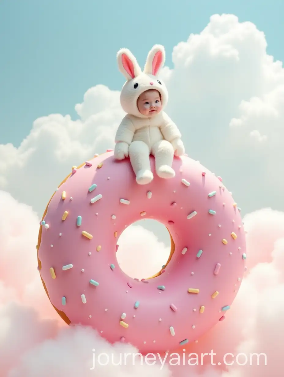 Quirky-Person-in-White-Easter-Bunny-Costume-Sitting-on-Giant-Pink-Donut-with-Sprinkles