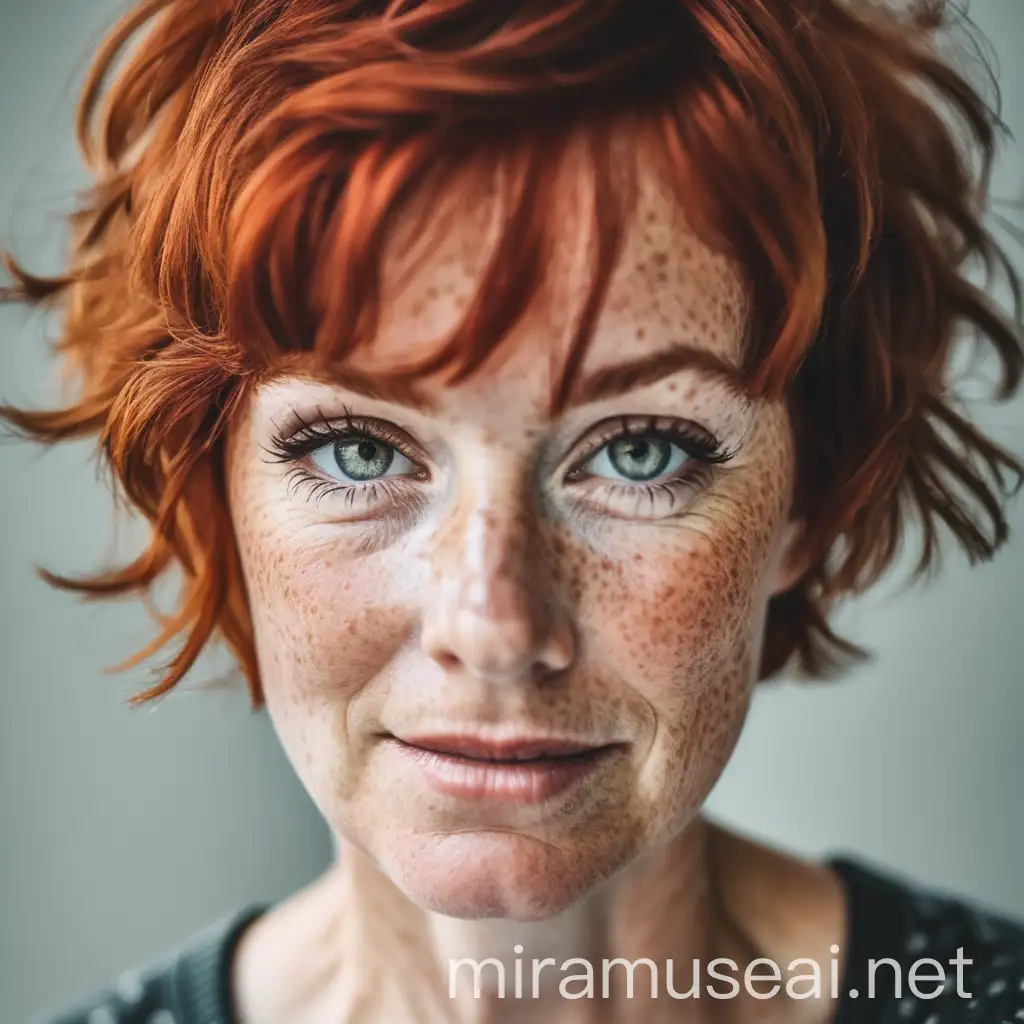 middle aged red head woman short hair  freckles