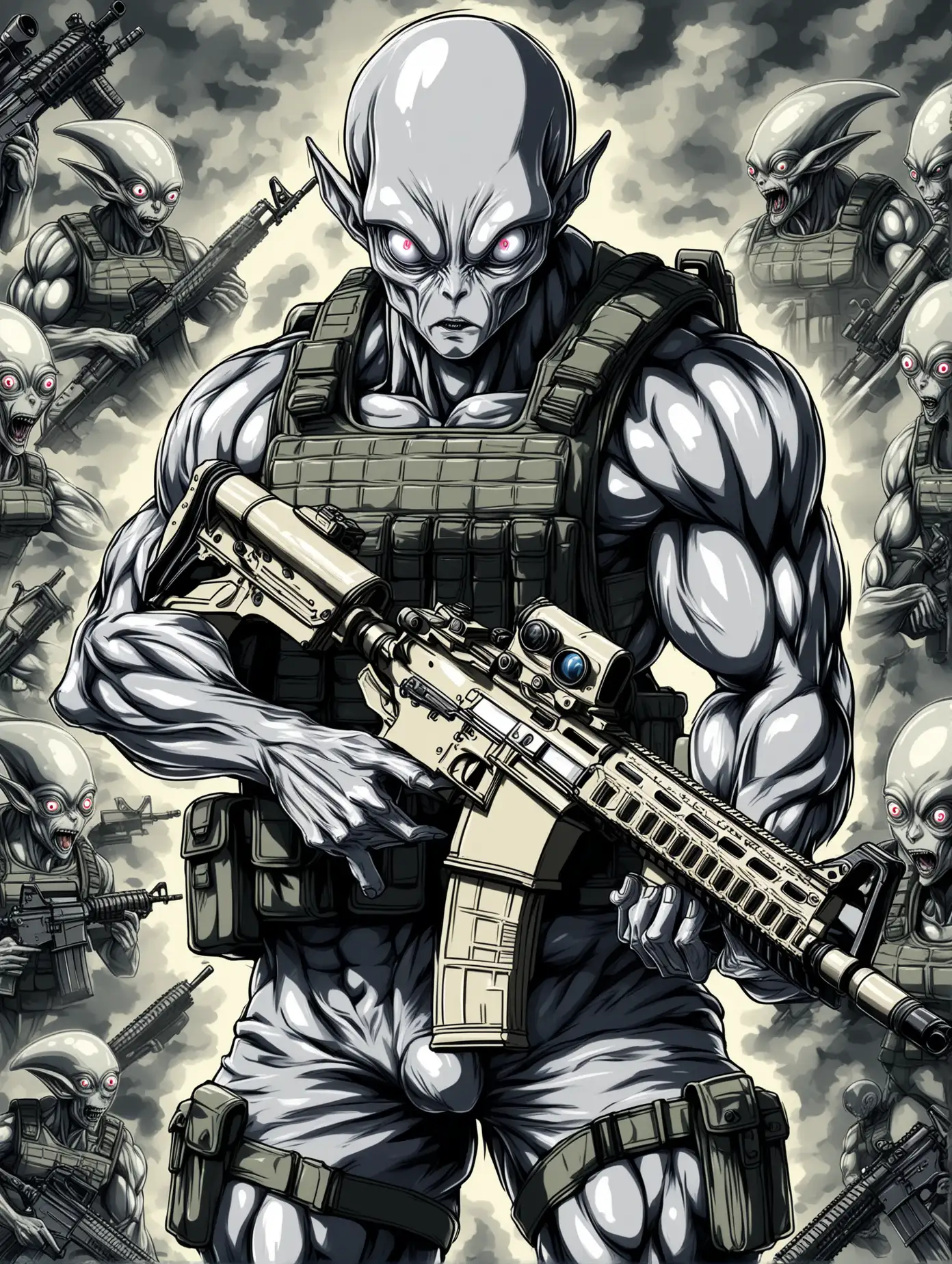 Muacular grey alien with three eyes in military gear holding a m4 rifle, drawing anime style