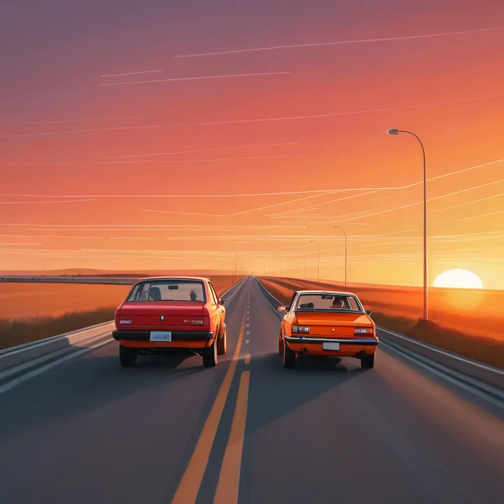 Two Cars Driving on Parallel Highways at Sunset