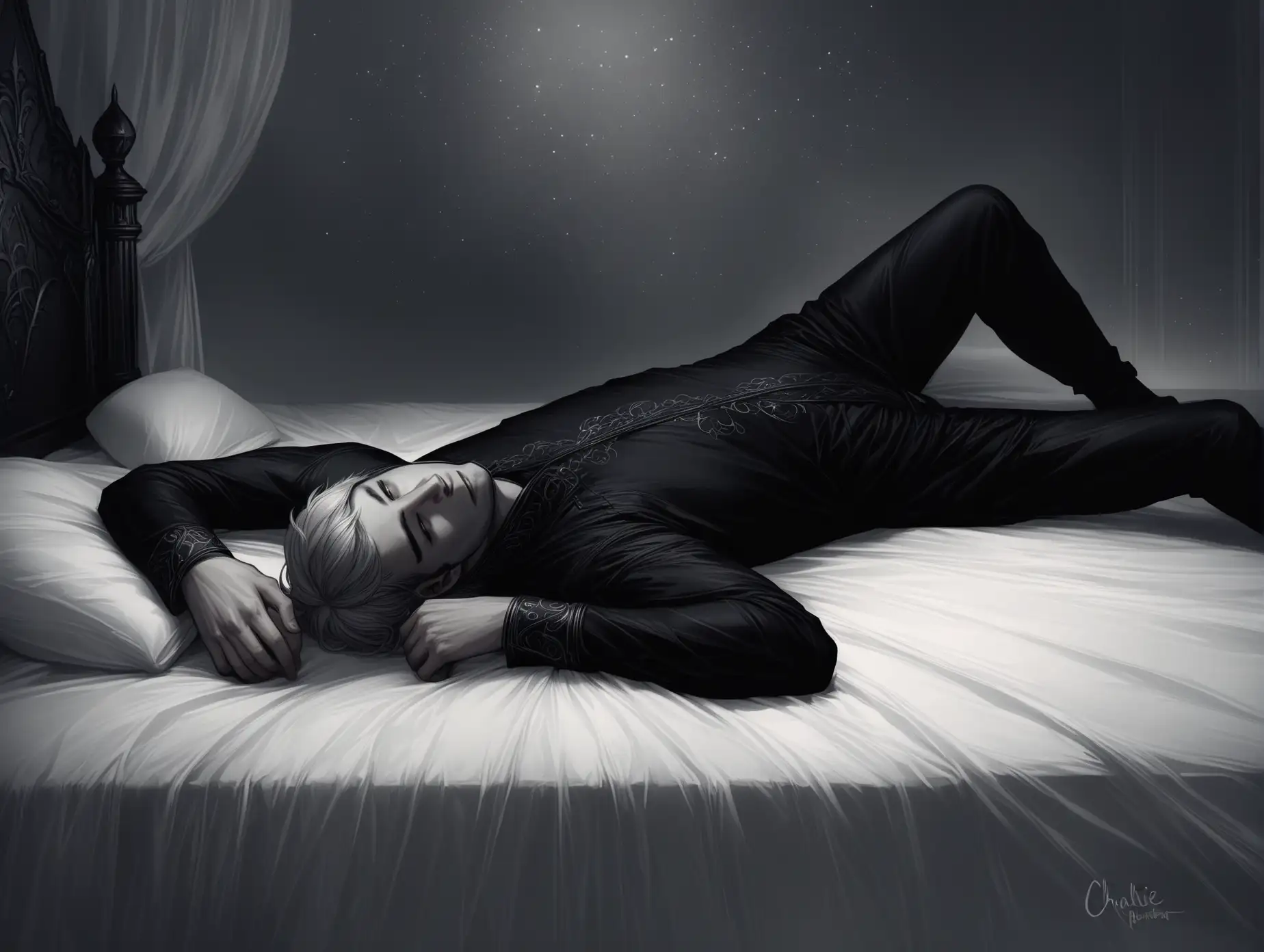 Fantasy-Scene-of-a-Man-in-Black-Clothes-Resting-on-a-Bed-with-Bent-Knees