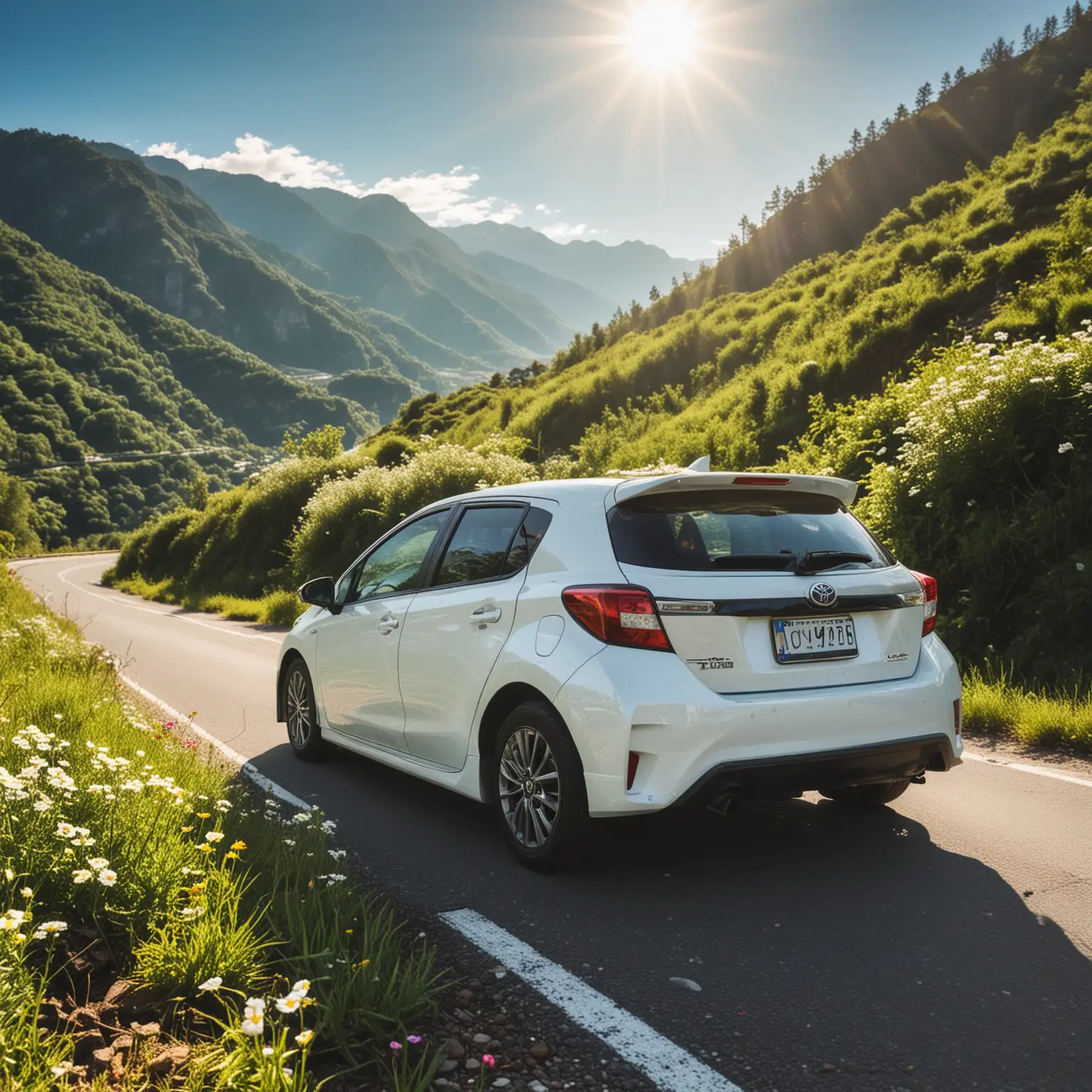 White Toyota hatchback car view from behind, road between mountains, all around green, blue sky, bright sun, flowers