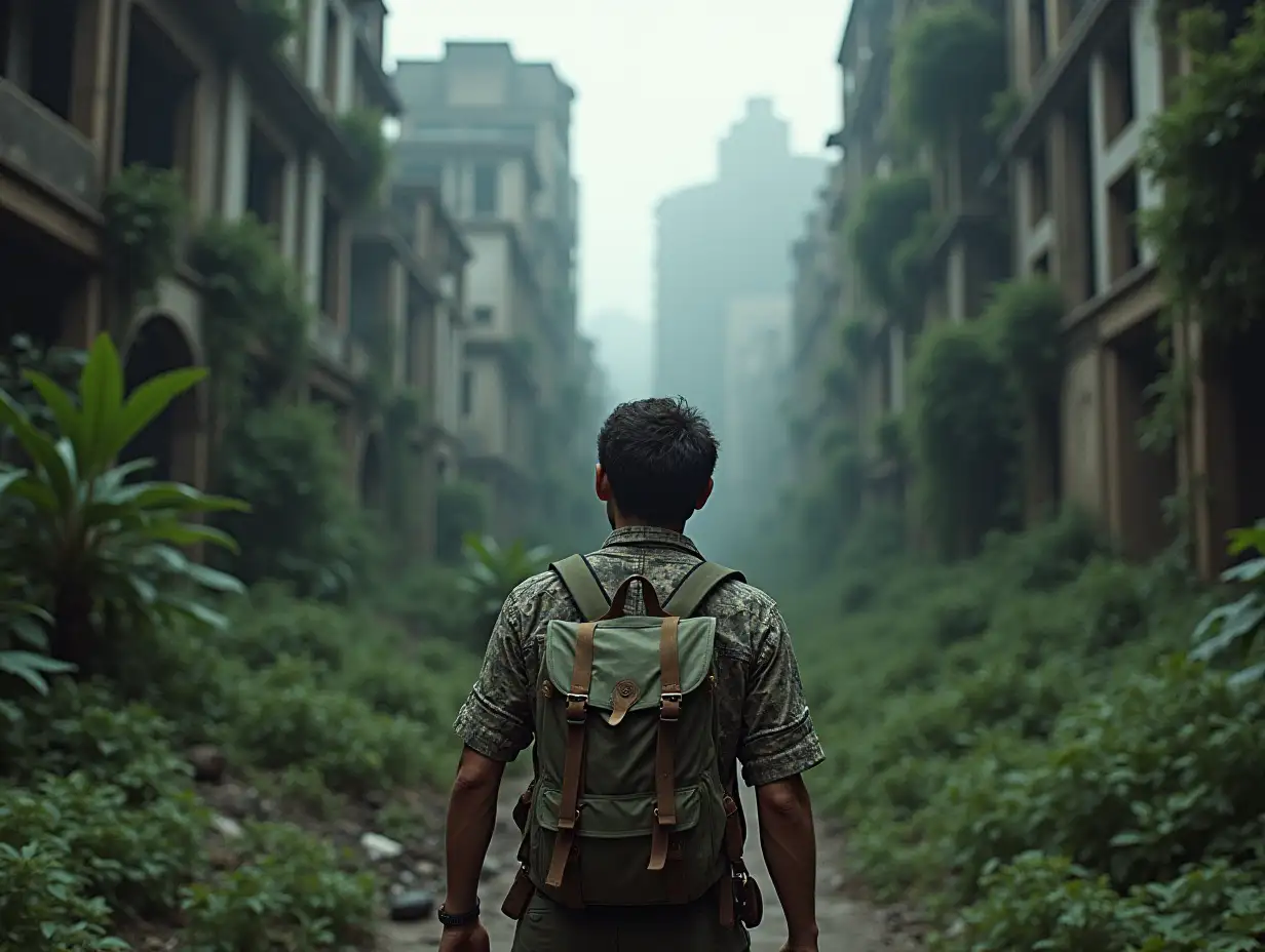 A survivor in a canvas camouflage and backpack makes his way through heavily destroyed mysterious ruins of a city overgrown with greenery.