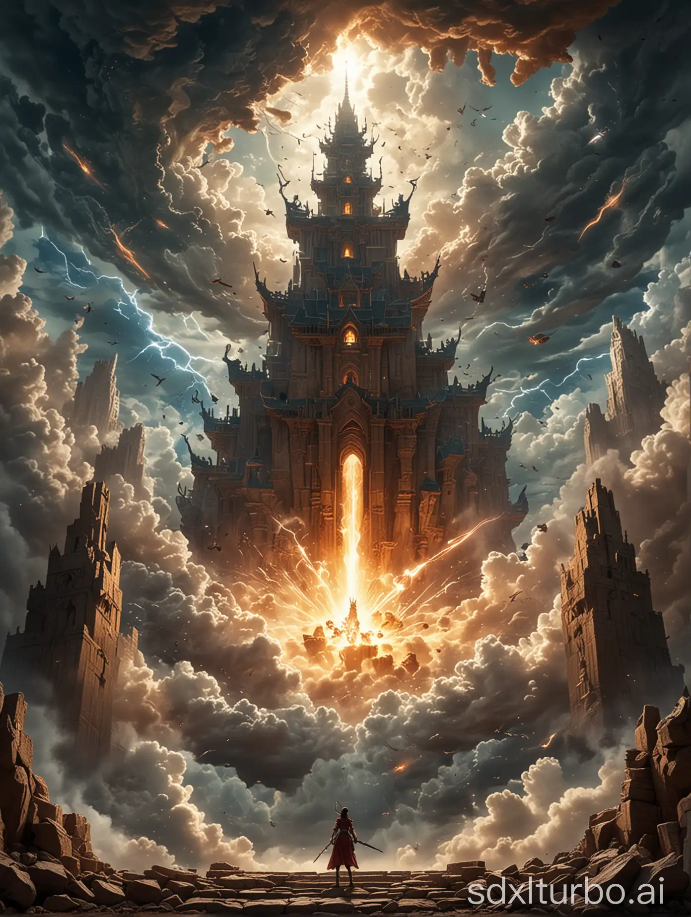 A fierce fight between gods occurring in a sky castle