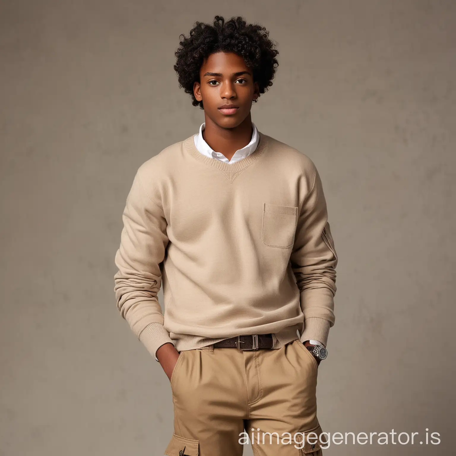 Young-Black-Man-in-Stylish-Beige-Sweater-and-Black-Cargo-Pants