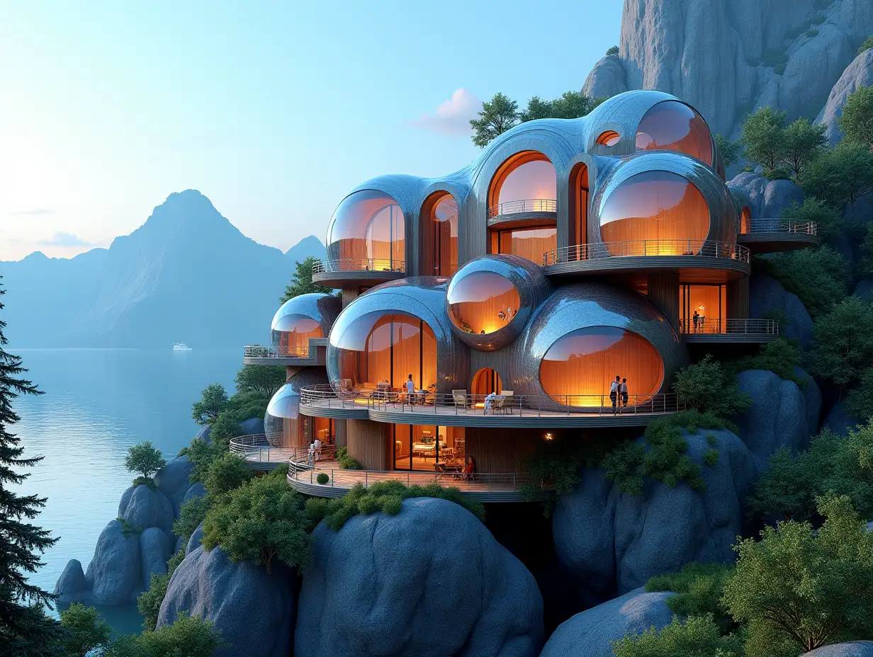 A futuristic multi-story house made of many holen lit glass balls and wood lies on the mountain peak, many plants and trees, blue sky, bright environment, mountains, clear water and a yacht in the background, colorful 8k quality