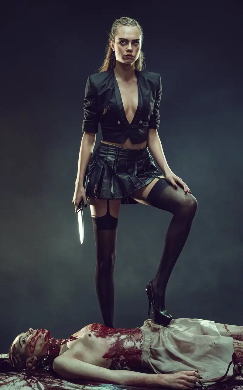 Cara-Delevingne-in-Cinematic-Photo-with-Knife-Standing-Over-Corpse