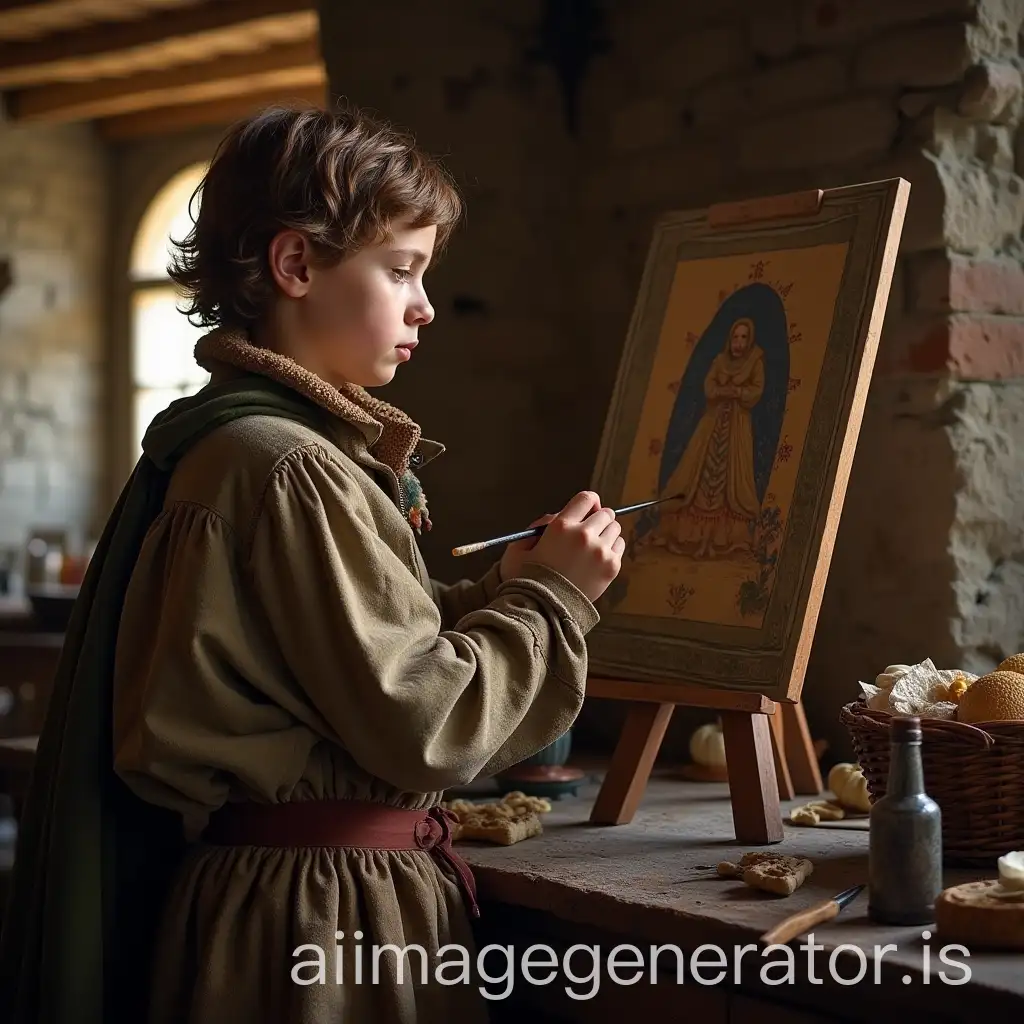 young medieval boy painter in a medieval house