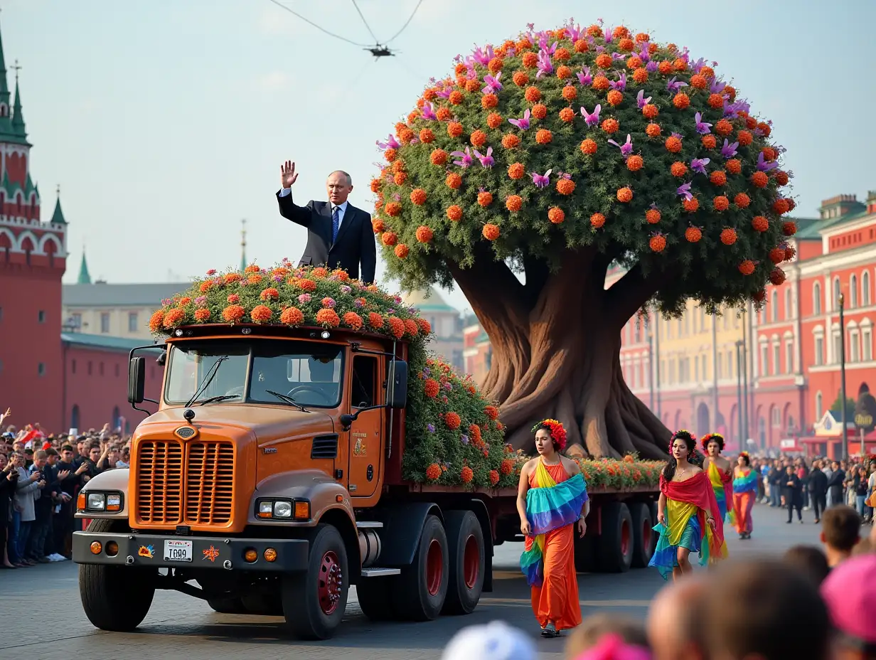A vibrant parade takes place in Red Square, featuring a massive hazelnut tree adorned with colorful flowers and LGBT flags. Riding atop the tree is Vladimir Putin, dressed in a festive suit, waving to the cheering crowd. The tree is pulled by a truck, while performers in bright costumes dance around, celebrating unity and diversity. The atmosphere is filled with music and joy, as spectators wave flags and banners, embracing the spirit of the event.