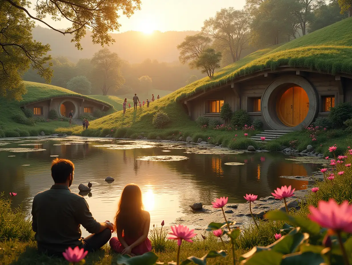 a guy and a girl are sitting happily on a hill above the hobbit house, another hobbit house is visible to their left, and behind them there is a view from the hobbit house through a round window to the shore of a large pond with large pink water lilies, and on the edge of the shore near the water a man and a child are playing, on the other side of the pond with large pink water lilies they are walking and children and other people are playing by the water, on the other side there is also a simple wooden pergola and a chalet house with panoramic windows in all walls from floor to roof, that is, each wall is a panoramic window, everything else around the pond is a minimalist landscape design, a sunset sunny day and a lot of sunset sunlight, the foreground is in focus and the background is blurred