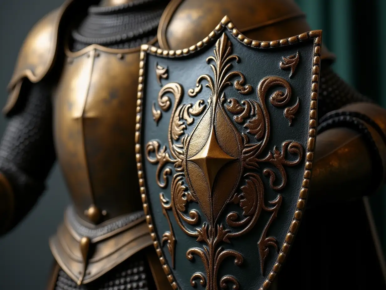 Ornate shield of a bronze statue belonging to a knight in armour. Warrior in armor with shield. Protection concept