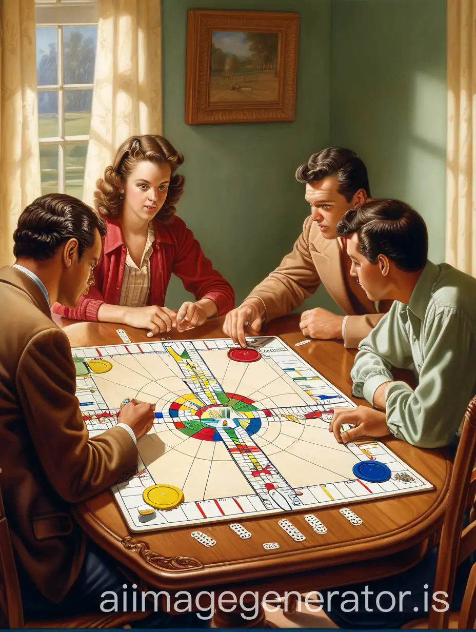 two young men, an adult man, an adult woman, all playing parcheesi, on a table, in a room, viewed from afar