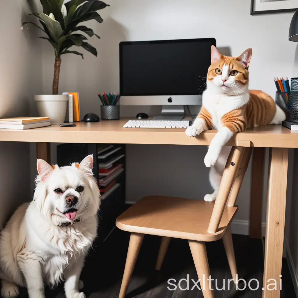 cat on desk and dog under this desk