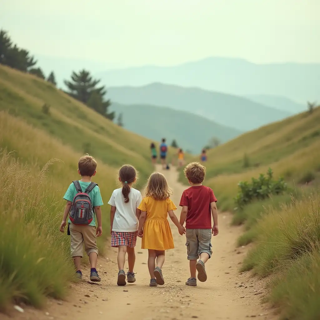 Children-Walking-Up-a-Hill-on-a-Path-in-Nature