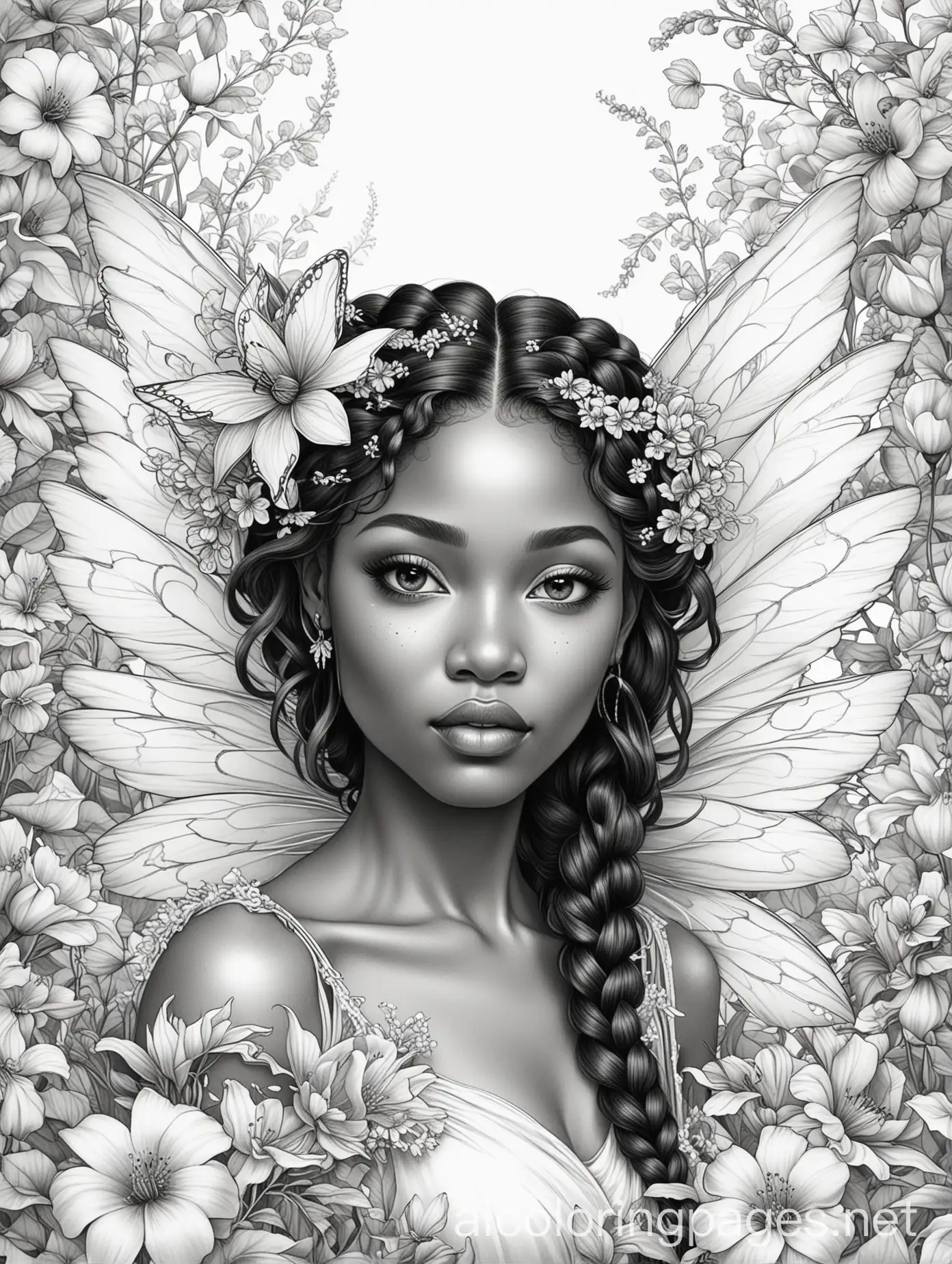 Enchanting-African-American-Fairy-Surrounded-by-Flowers-in-Line-Art