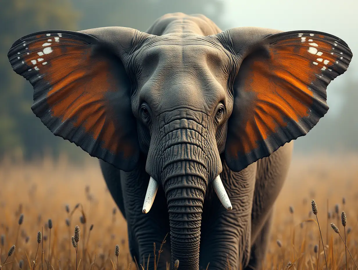 create for me a photorealistic image of an elephant with butterfly ears