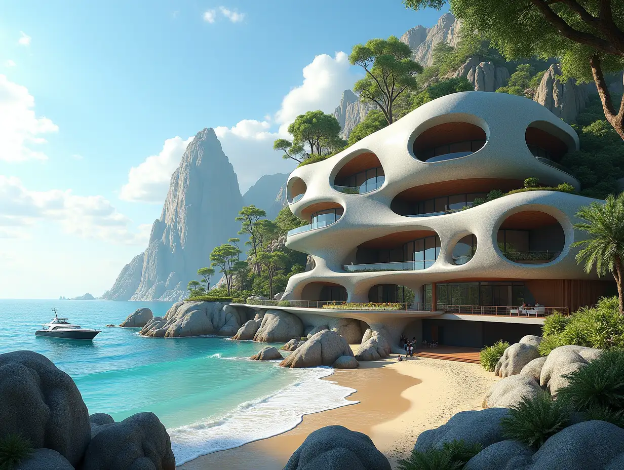 Create a high-resolution, realistic panorama image of a futuristic terrace building with snail-house windows with bridge, a yacht and a small beach with people, many plants and grey and brown facades with sea with waves, large trees, blue sky