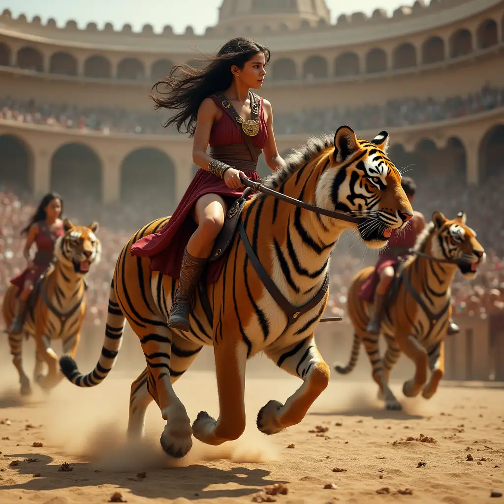 Teenage Girl Riding a Tiger into an Ancient Greek Arena